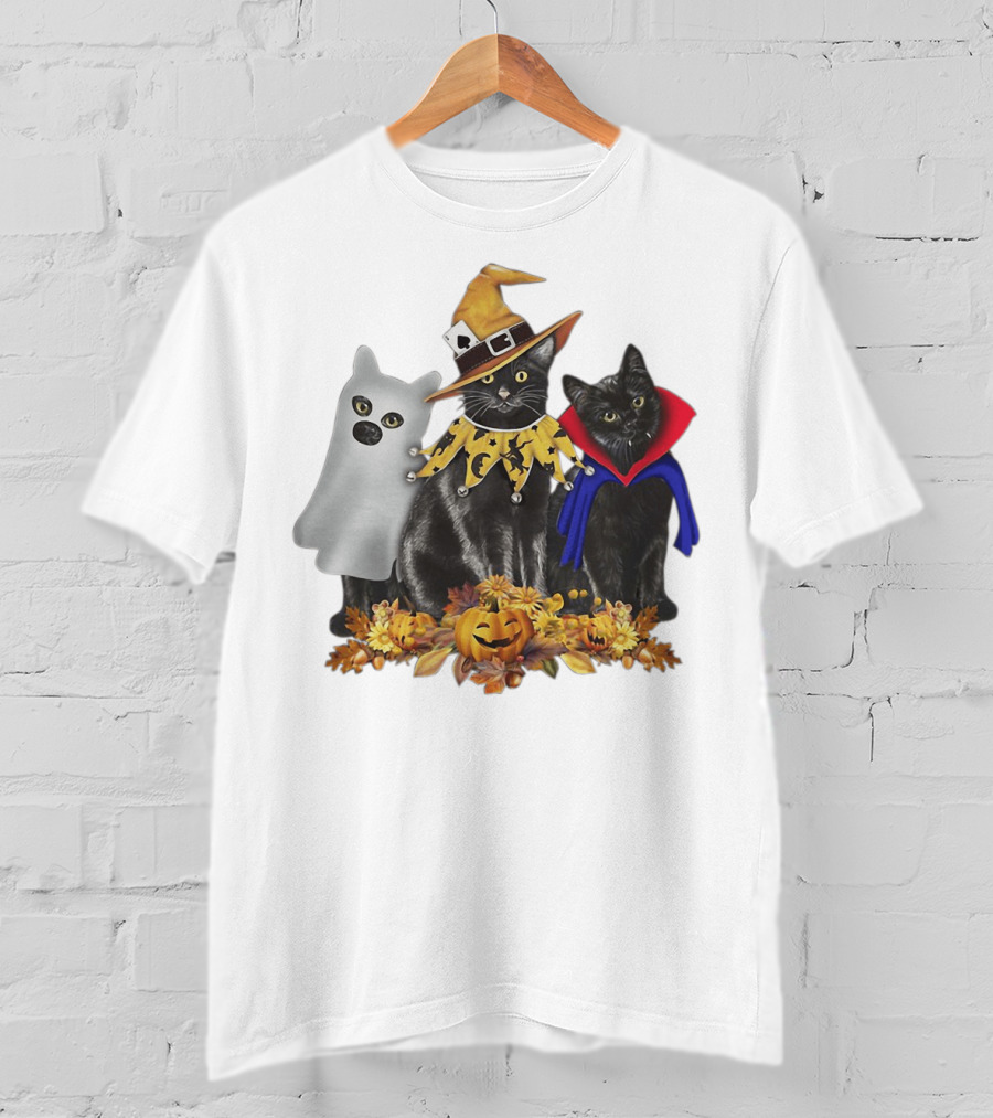 Black Cat Witch Boo Vampire Halloween With Pumpkins And Ghost Costume T-Shirt