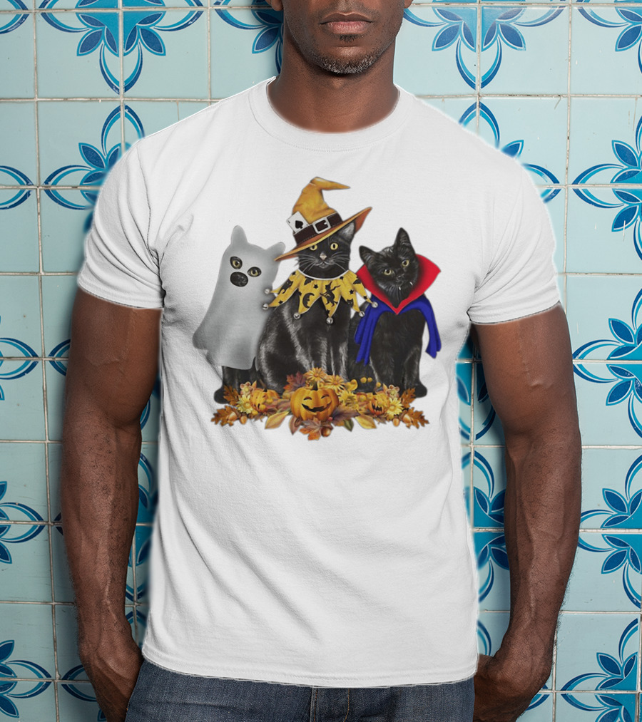 Black Cat Witch Boo Vampire Halloween With Pumpkins And Ghost Costume T-Shirt