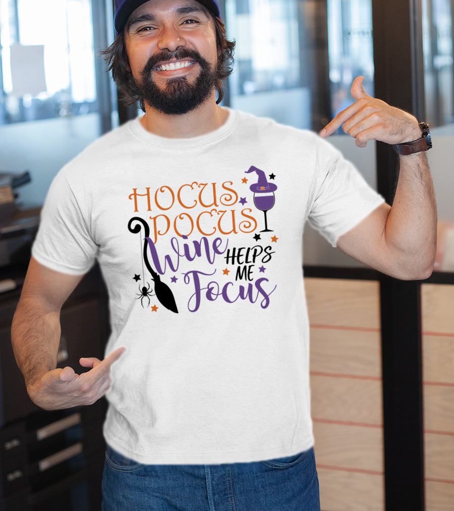 Hocus Pocus Wine Helps Me Focus Funny Halloween Witch Hat Broom Spider Stars T-Shirt