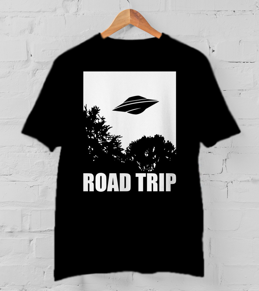 Road Trip UFO Flying Over Silhouette Trees T-Shirt