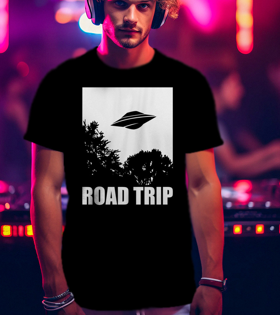 Road Trip UFO Flying Over Silhouette Trees T-Shirt