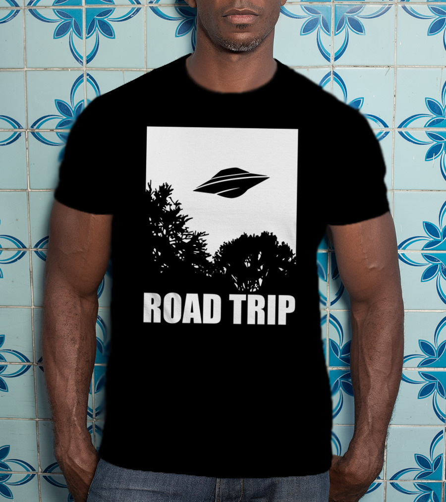 Road Trip UFO Flying Over Silhouette Trees T-Shirt