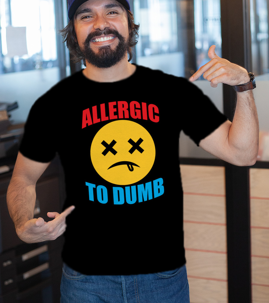 Allergic To Dumb Funny Sarcasm Tattooed Girls With Yellow Emoticon Face And Crossed Eyes T-Shirt