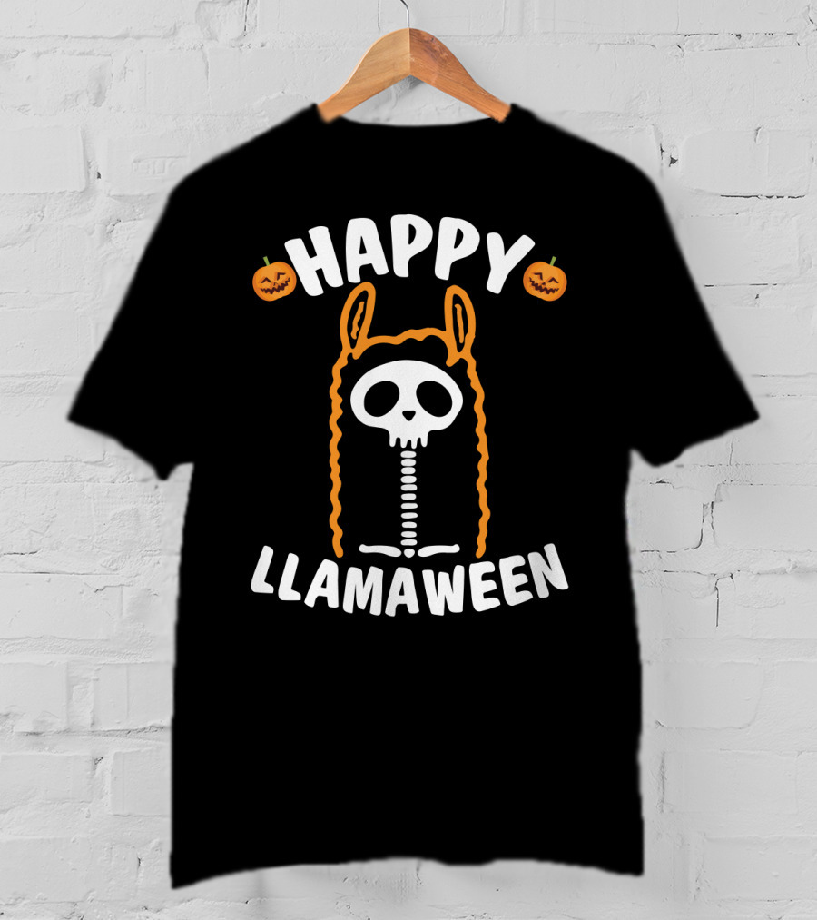 Happy Llamaween Skeleton Llama With Pumpkins And Festive Halloween T-Shirt