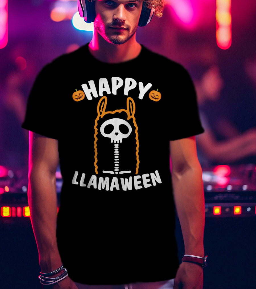 Happy Llamaween Skeleton Llama With Pumpkins And Festive Halloween T-Shirt