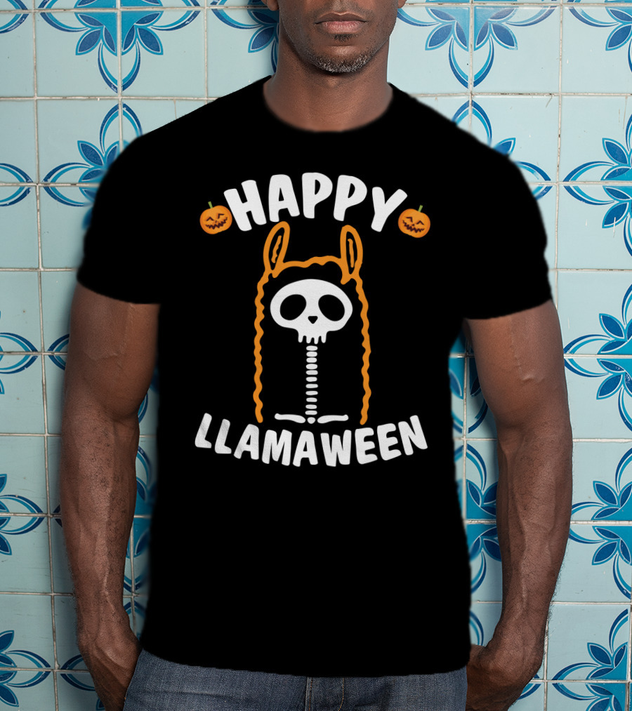 Happy Llamaween Skeleton Llama With Pumpkins And Festive Halloween T-Shirt