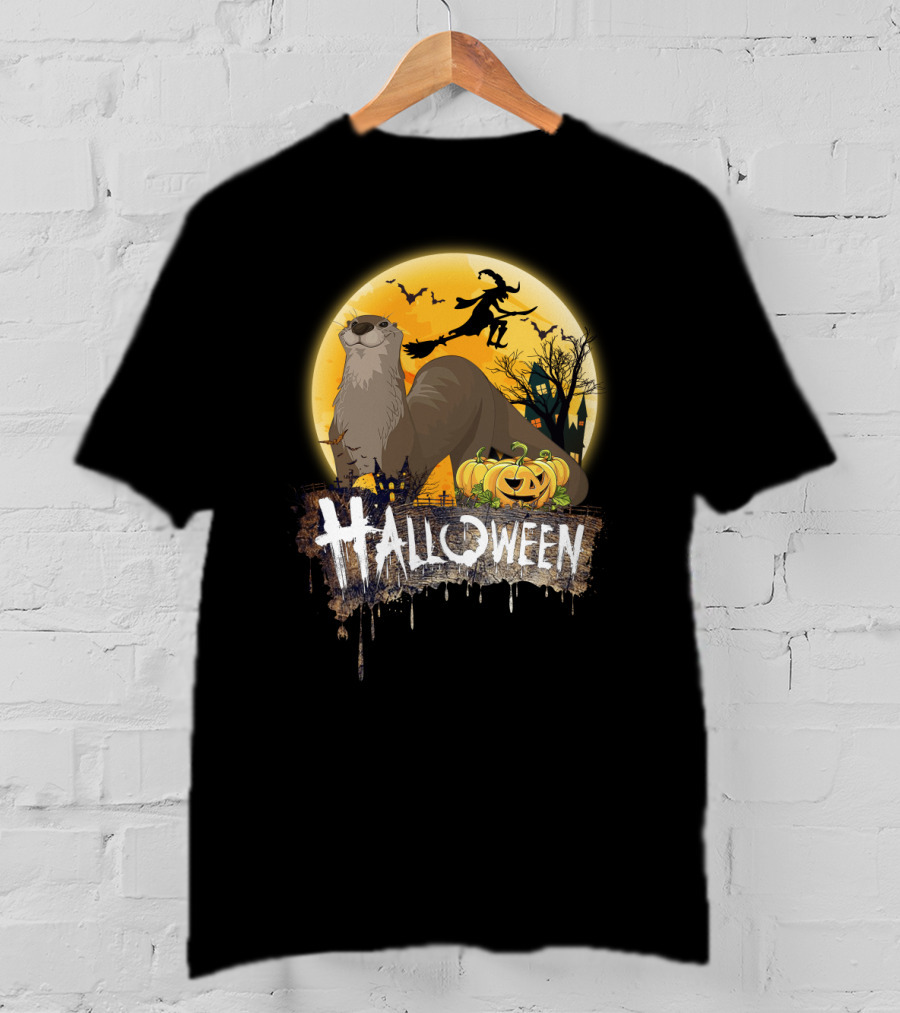 Otter Lovers Halloween With Pumpkins And Flying Witch Silhouette Scene T-Shirt