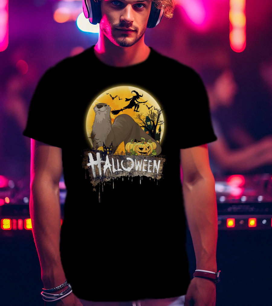 Otter Lovers Halloween With Pumpkins And Flying Witch Silhouette Scene T-Shirt