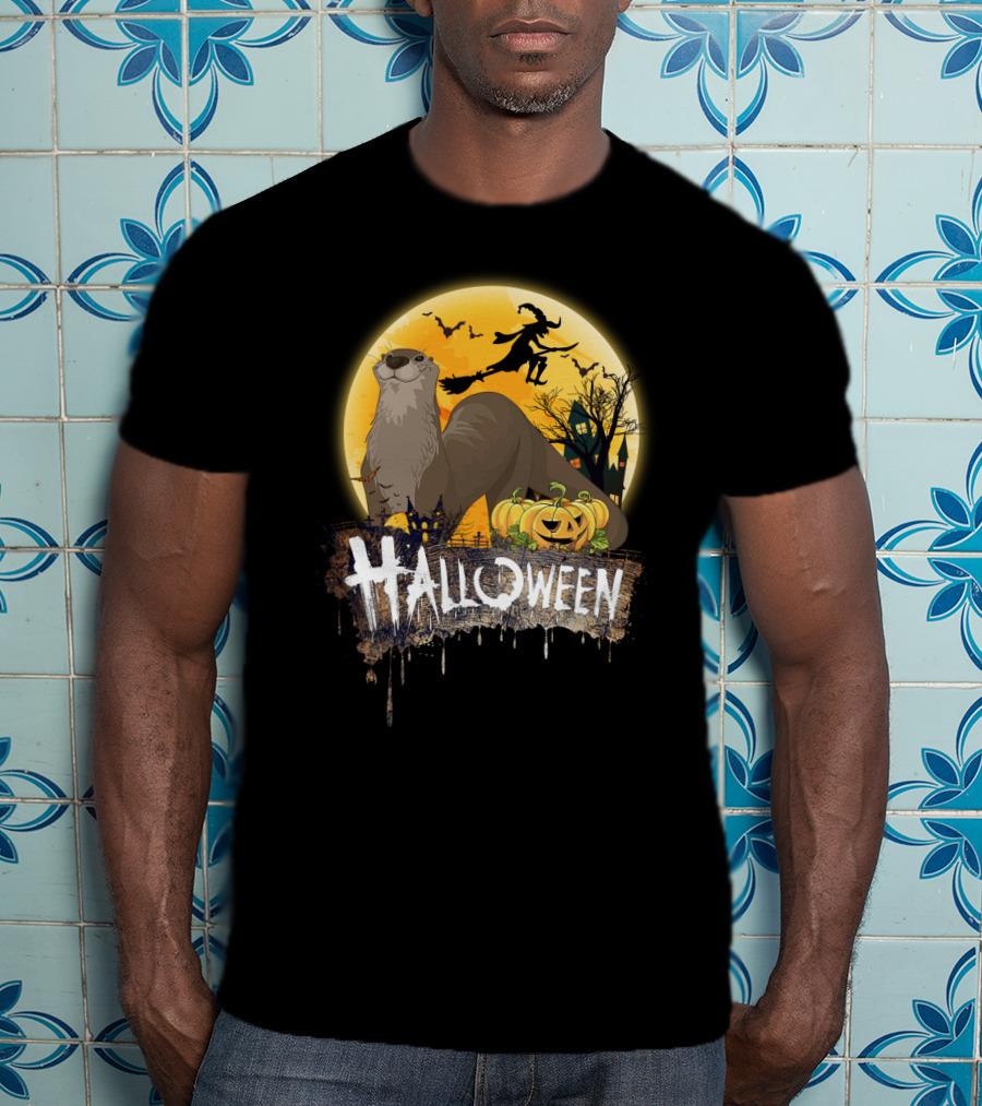 Otter Lovers Halloween With Pumpkins And Flying Witch Silhouette Scene T-Shirt