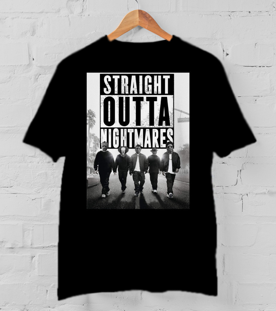 Straight Outta Nightmares Jason IT Michael Freddy Thomas Horror Icons Walking Down Compton Street T-Shirt