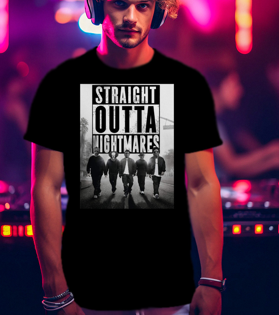 Straight Outta Nightmares Jason IT Michael Freddy Thomas Horror Icons Walking Down Compton Street T-Shirt