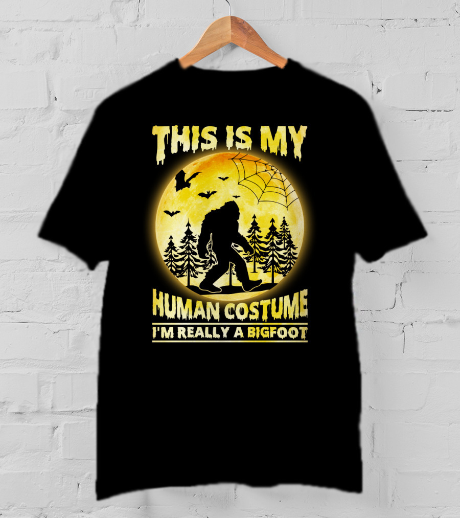 Bigfoot Silhouette In Moonlit Forest With Web And Bats - This Is My Human Costume I'm Really A Bigfoot T-Shirt