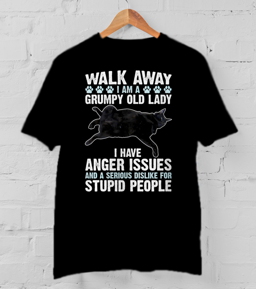 Walk Away I Am A Grumpy Old Lady Black Cat Anger Issues Dislike For Stupid People T-Shirt