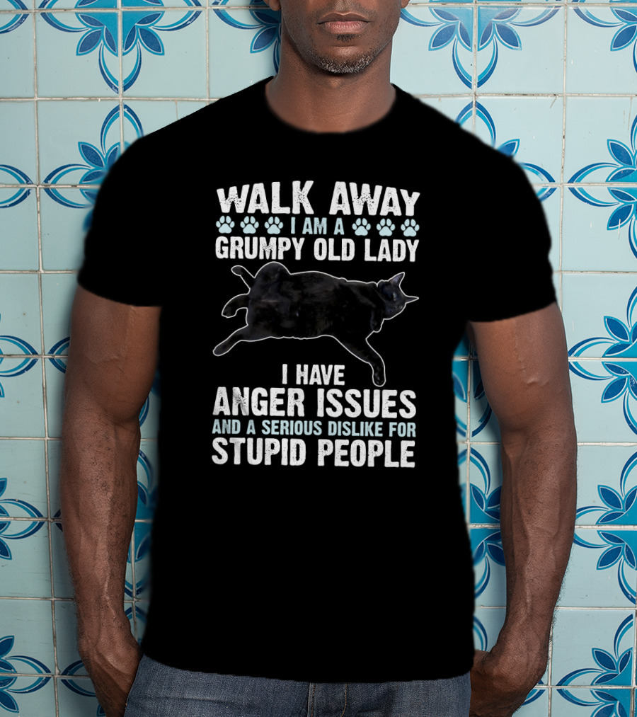 Walk Away I Am A Grumpy Old Lady Black Cat Anger Issues Dislike For Stupid People T-Shirt