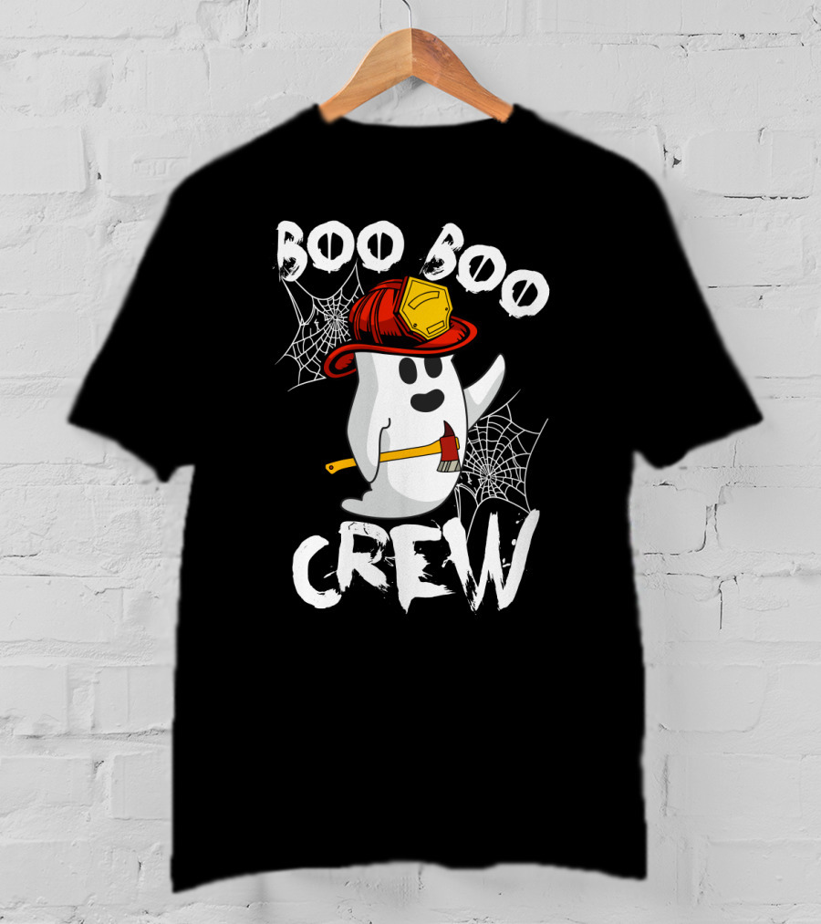Boo Boo Crew Ghost With Firefighter Helmet And Axe Halloween T-Shirt