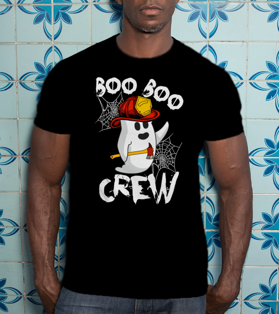 Boo Boo Crew Ghost With Firefighter Helmet And Axe Halloween T-Shirt