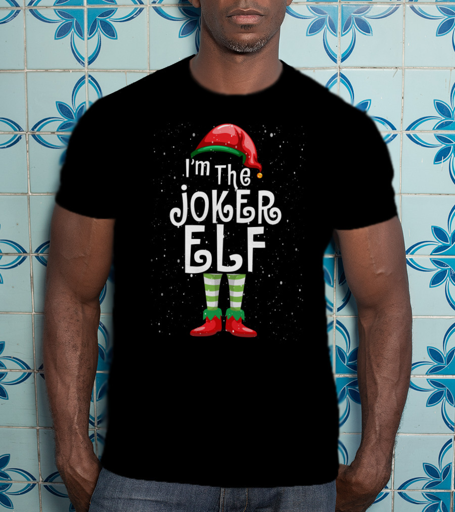 I'm The Joker Elf Christmas Costume With Striped Stockings And Red Hat T-Shirt