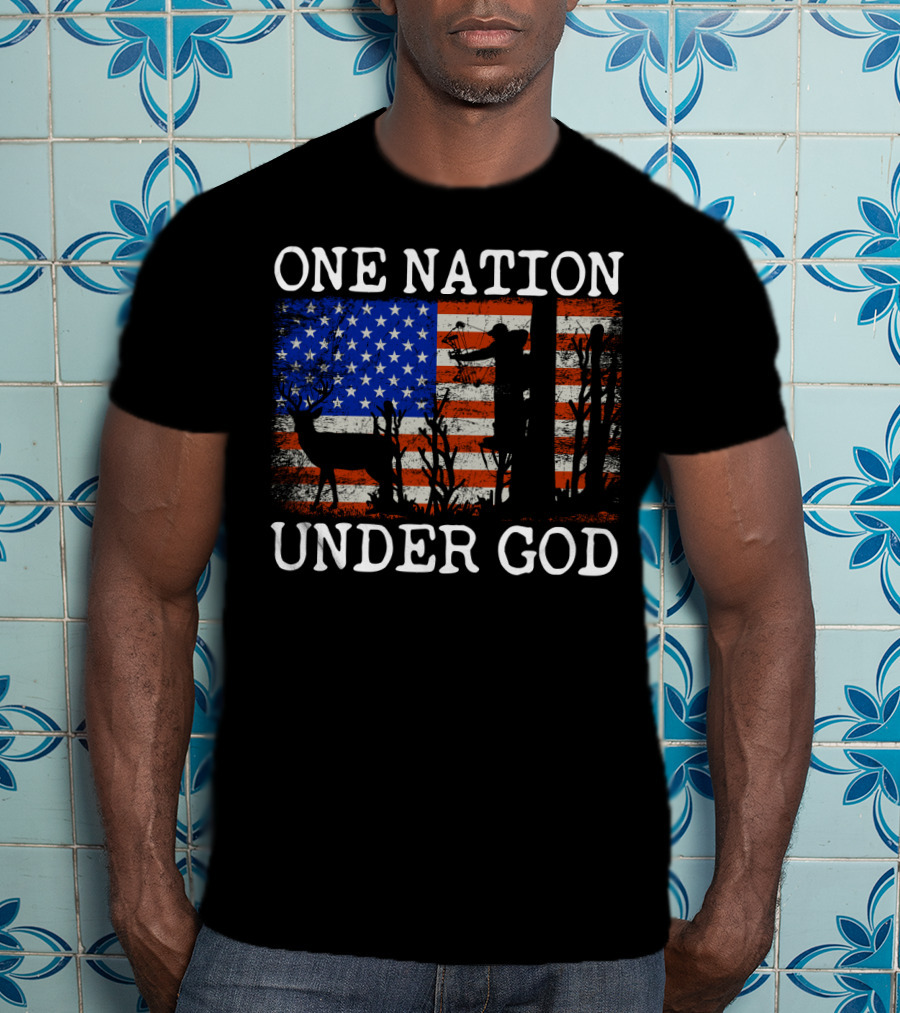 One Nation Under God American Flag Deer Hunting Bow Hunter T-Shirt