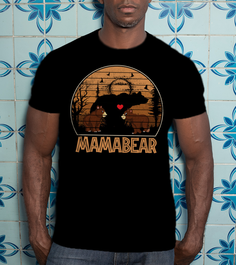 Mama Bear Vintage Sunset With Bears And Heart In Forest Scene T-Shirt