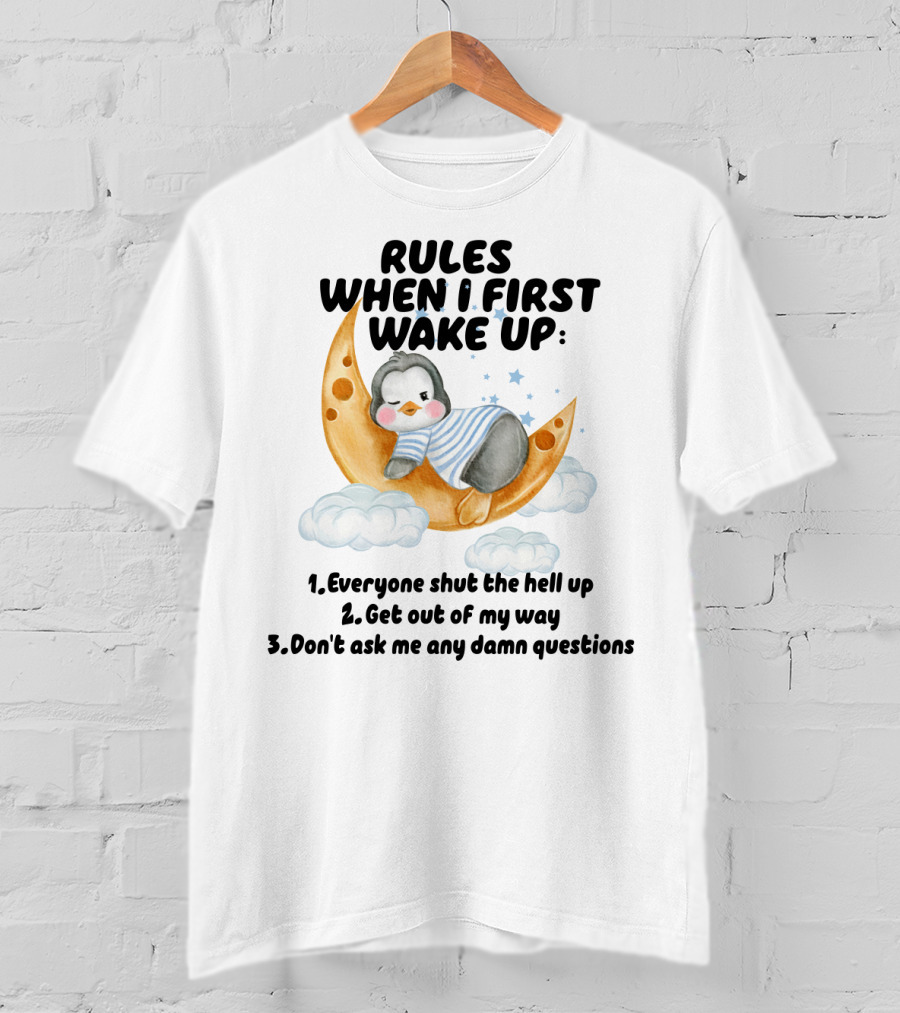 Rules When I First Wake Up Everyone Shut The Hell Up Get Out Of My Way Don't Ask Me Any Damn Questions T-Shirt