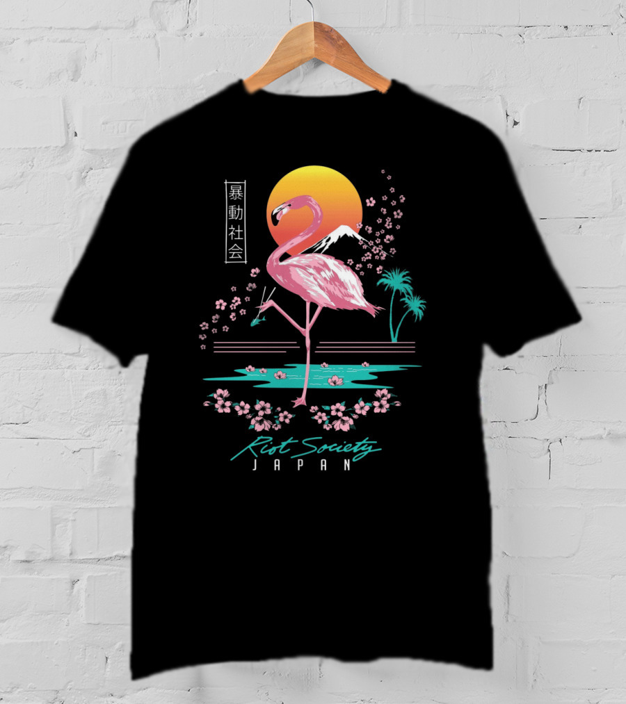 Riot Society Japan Flamingo Blossom Sakura Sunset T-Shirt