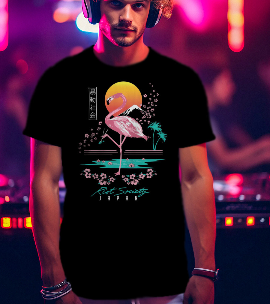 Riot Society Japan Flamingo Blossom Sakura Sunset T-Shirt