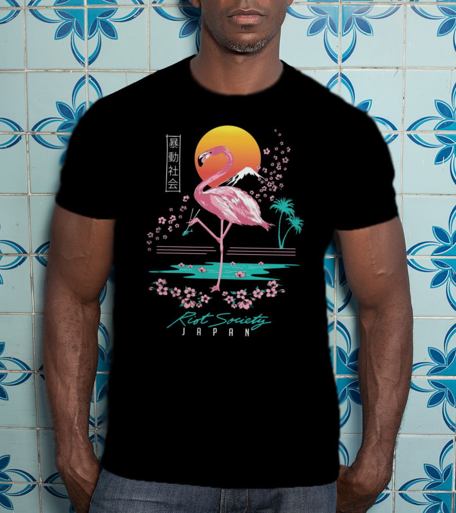 Riot Society Japan Flamingo Blossom Sakura Sunset T-Shirt