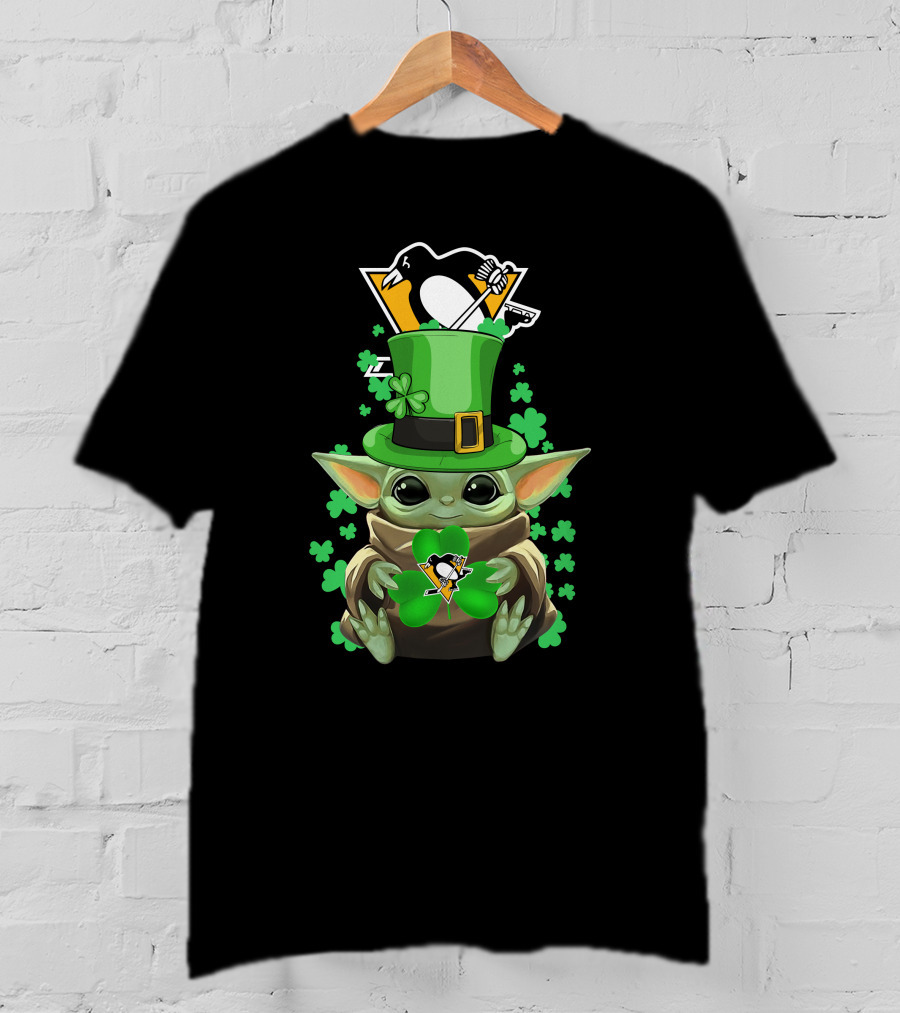 Baby Yoda Penguins St. Patrick's Day Shamrock T-Shirt