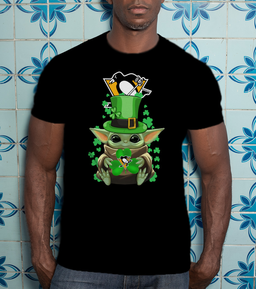 Baby Yoda Penguins St. Patrick's Day Shamrock T-Shirt