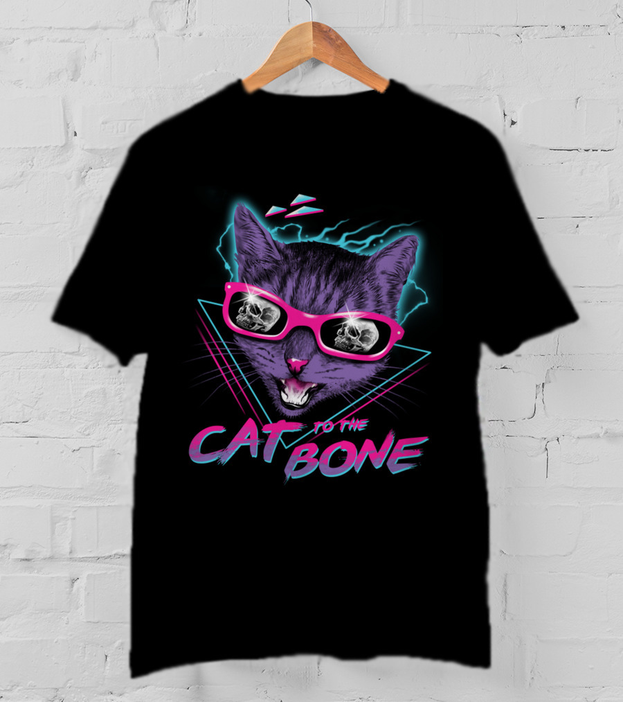 CAT TO THE BONE Retro Neon Cool Cat In Sunglasses With Skull Reflections T-Shirt