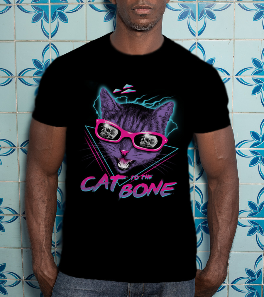 CAT TO THE BONE Retro Neon Cool Cat In Sunglasses With Skull Reflections T-Shirt