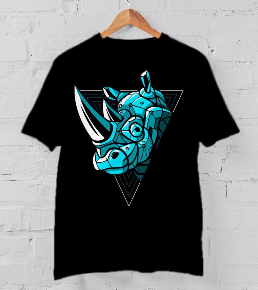 Cybernetic Blue Rhino With Neon Triangle Punk T-Shirt