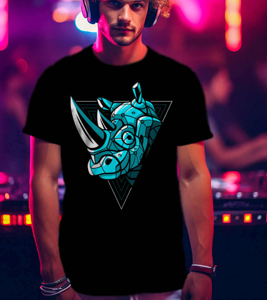 Cybernetic Blue Rhino With Neon Triangle Punk T-Shirt