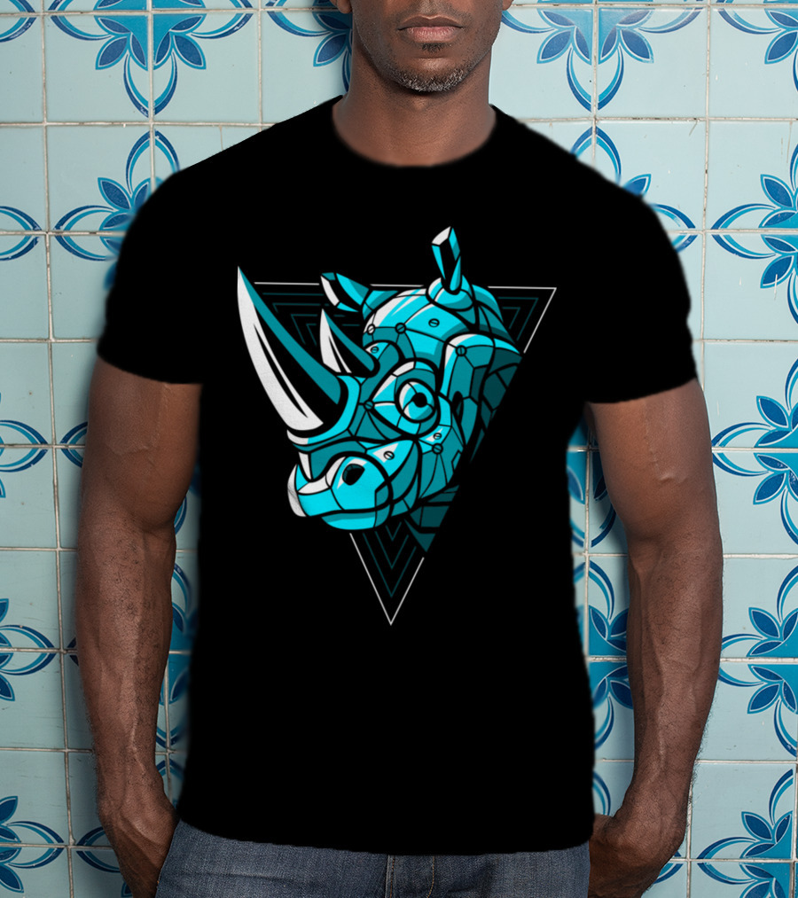 Cybernetic Blue Rhino With Neon Triangle Punk T-Shirt