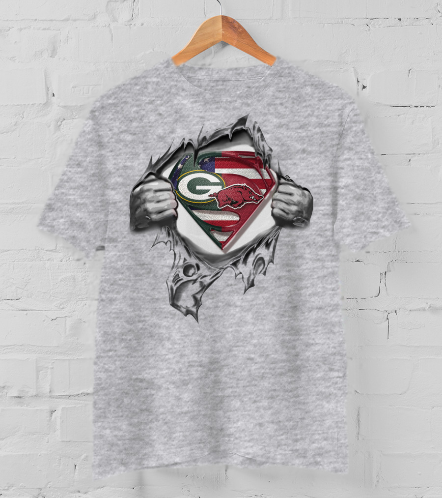 Green Bay Packers Arkansas Razorbacks Superman Logo American Flag Background T-Shirt
