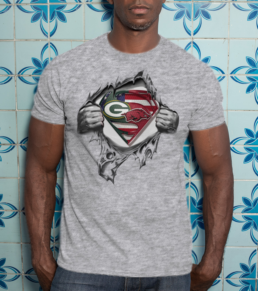 Green Bay Packers Arkansas Razorbacks Superman Logo American Flag Background T-Shirt