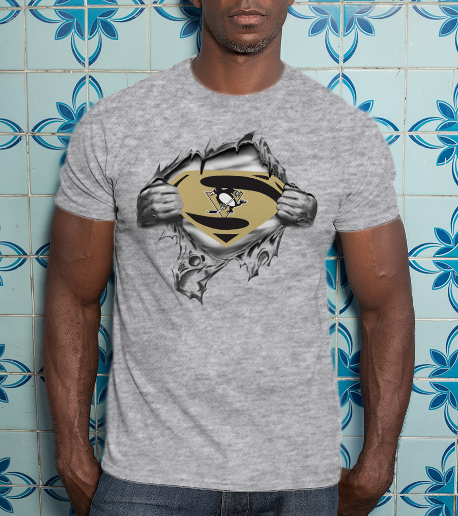 Pittsburgh Penguins Hockey Superhero Emblem Reveal T-Shirt