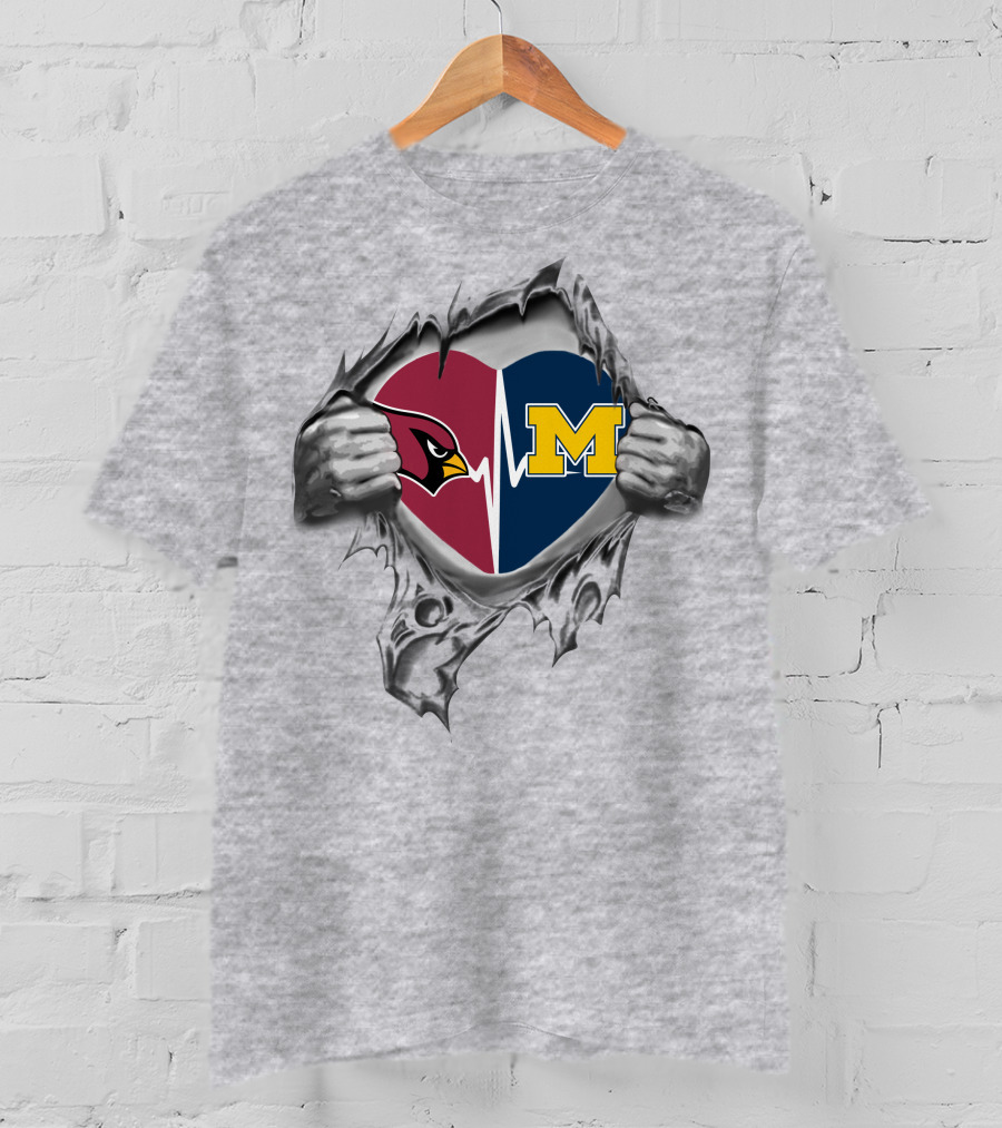 Michigan Wolverines Arizona Cardinals Heartbeat Logo Split Heart Fusion T-Shirt