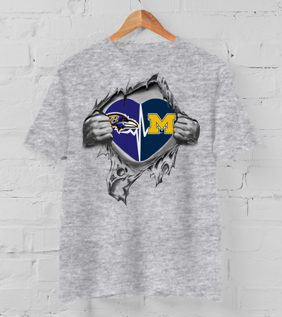 Michigan Wolverines Baltimore Ravens Heartbeat Collaboration T-Shirt