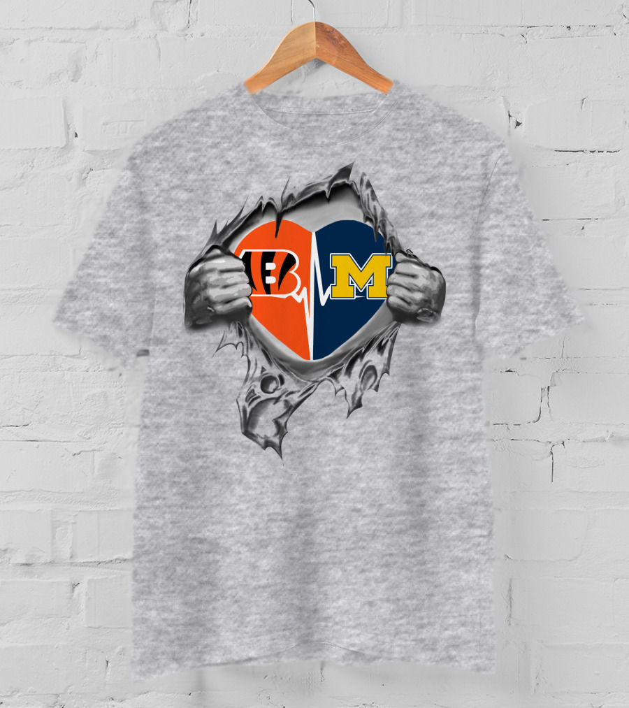 Michigan Wolverines Heartbeat Cincinnati Bengals Fan T-Shirt