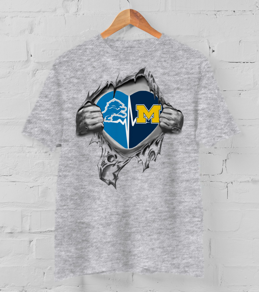 Michigan Wolverines Detroit Lions Heartbeat Logo Fusion T-Shirt