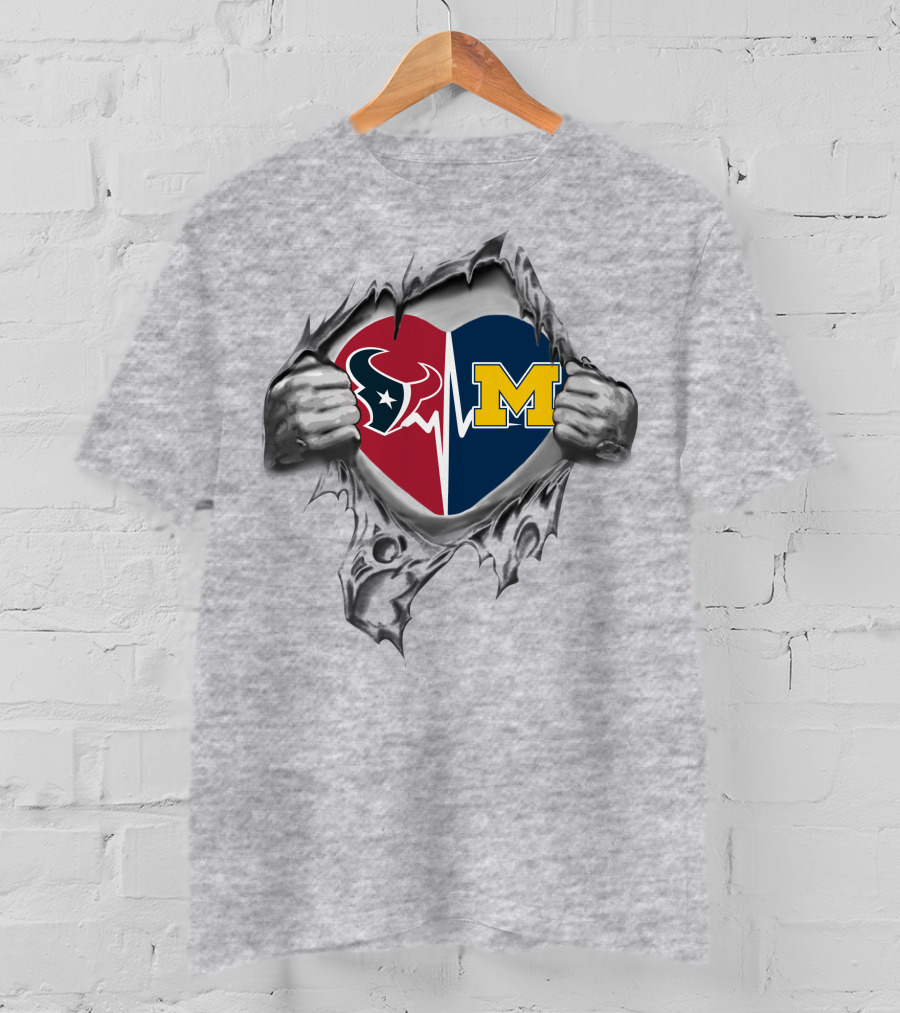 Michigan Wolverines Houston Texans Heart Logo Fusion T-Shirt