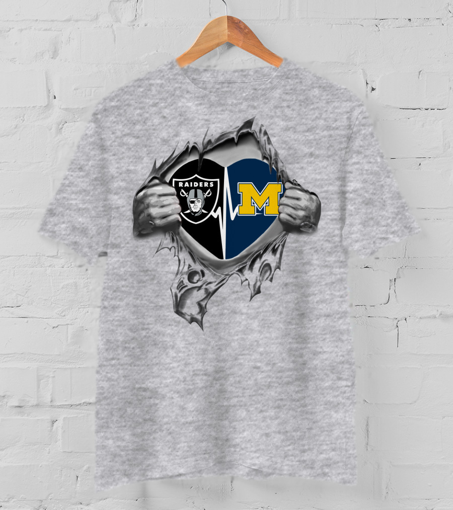 Raiders Michigan Wolverines Heartbeat Football Fan Fusion T-Shirt