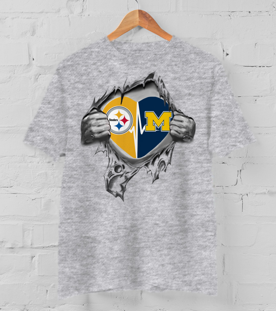 Michigan Wolverines Pittsburgh Steelers Heartbeat Fusion T-Shirt