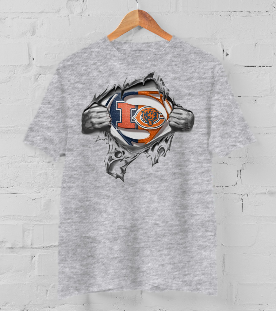 ILLINOIS Bears Super Man Logo Ripped Chest T-Shirt