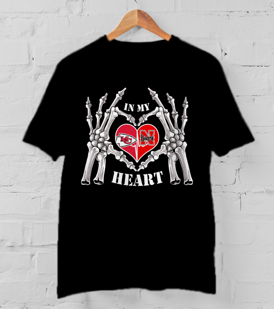 In My Heart Kansas City Chiefs Nebraska Cornhuskers Skeleton Heart T-Shirt