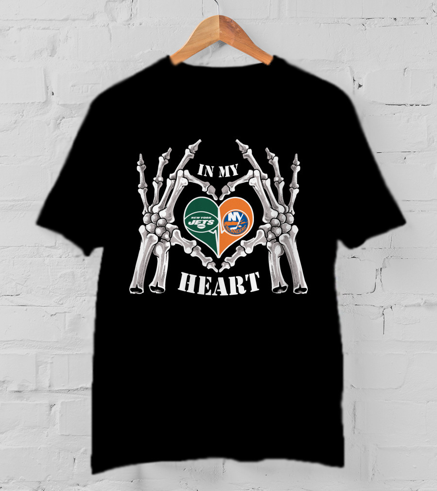 In My Heart New York Jets New York Islanders Skeleton Hands T-Shirt
