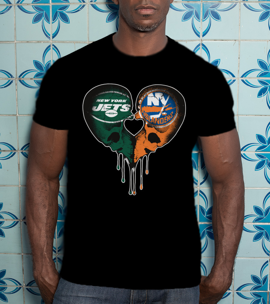 New York Jets NY Islanders Skull Heart Drip T-Shirt