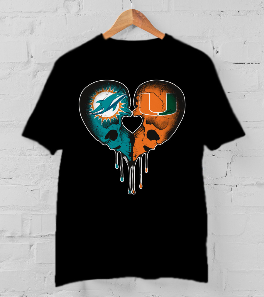 Miami Dolphins Hurricanes Love Heart Skull T-Shirt