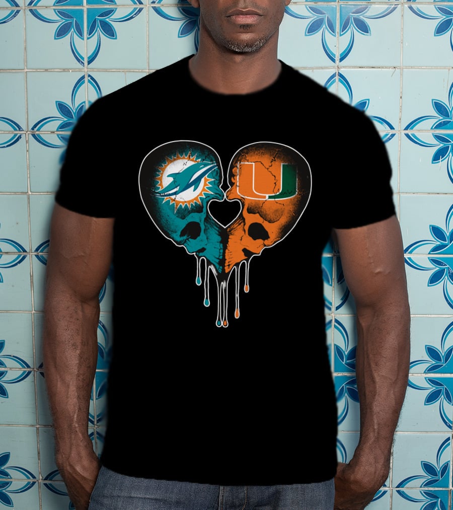 Miami Dolphins Hurricanes Love Heart Skull T-Shirt